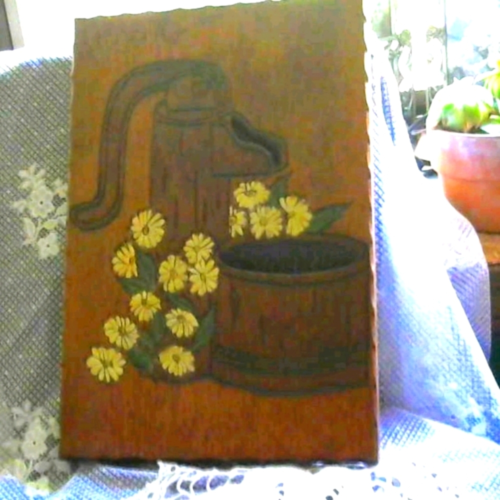 Vintage wooden hand carved and painted country pump & whisky barrel picture